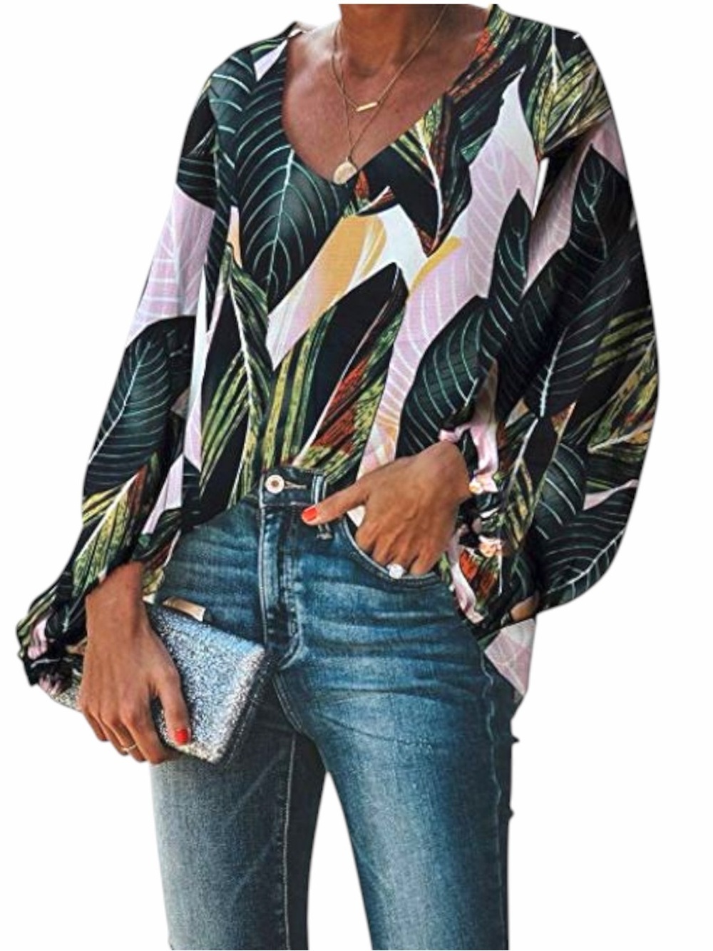 NEW Belongsci Tropical Palm Leaf Print Bell Sleeve V Neck Blouse Women’s Size S